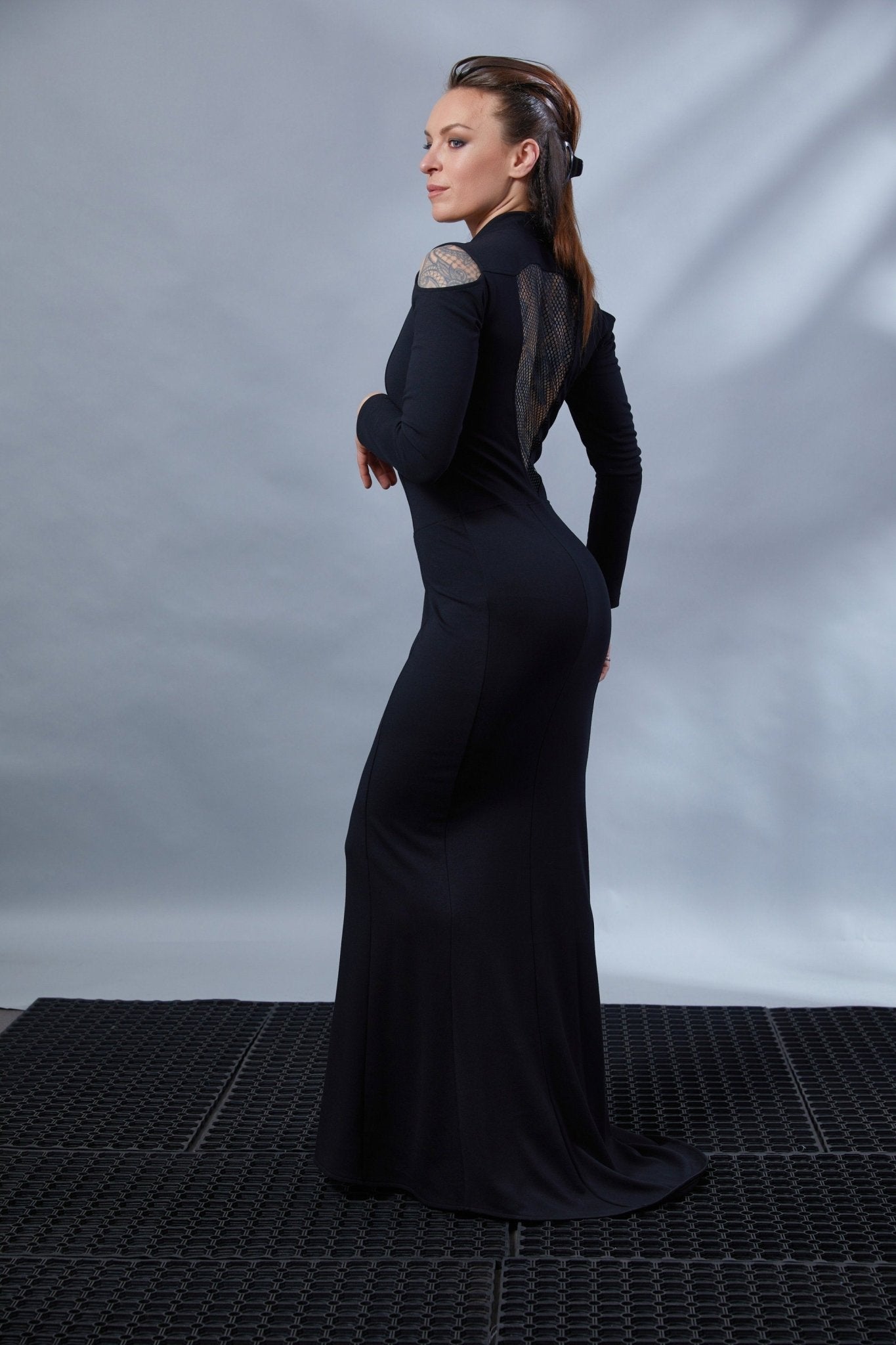 Black Gothic Mermaid Dress with Mesh Back | ZOLNAR