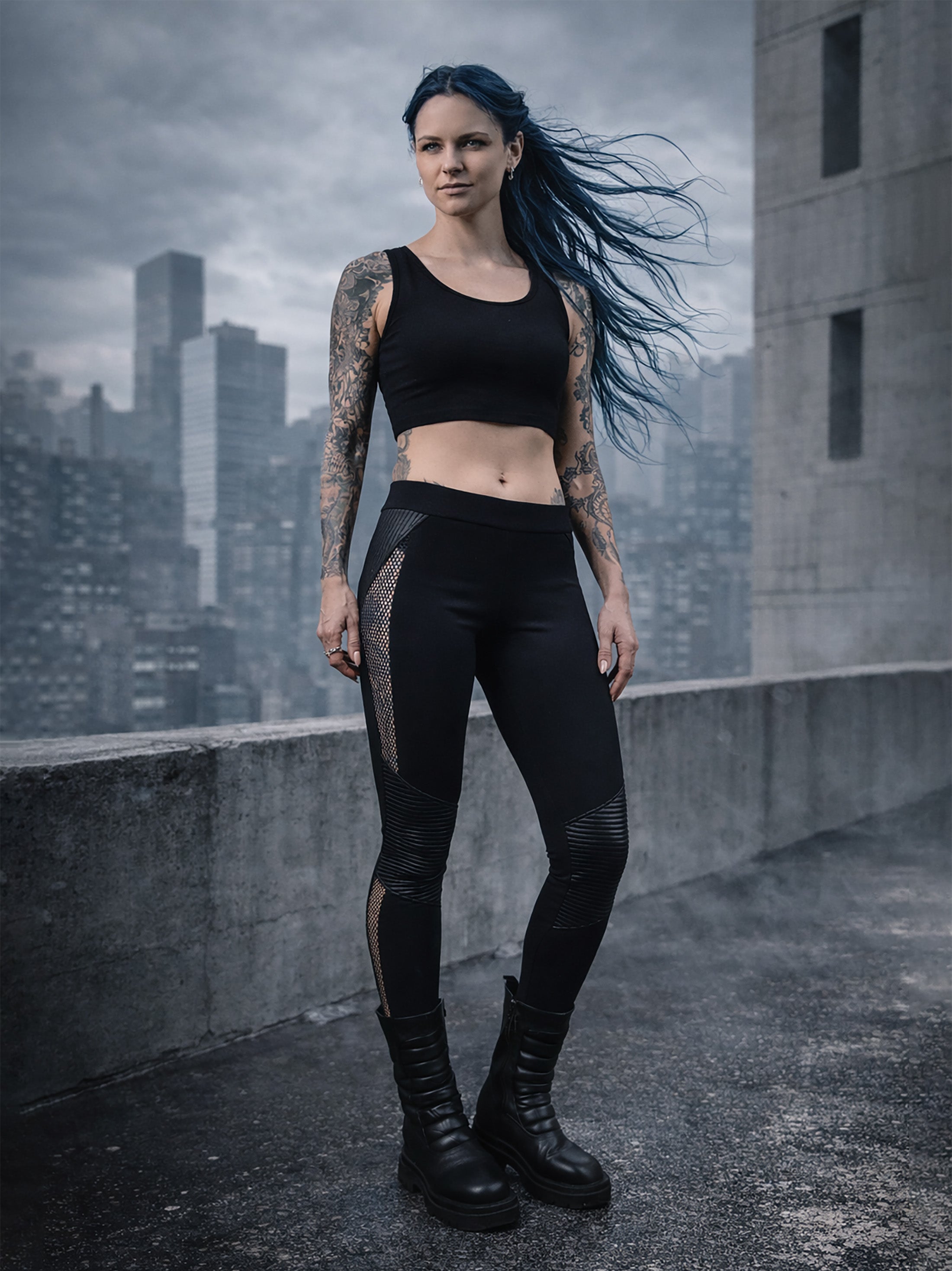 PA-M Schwarze Leggings mit Mesh-Einsätzen