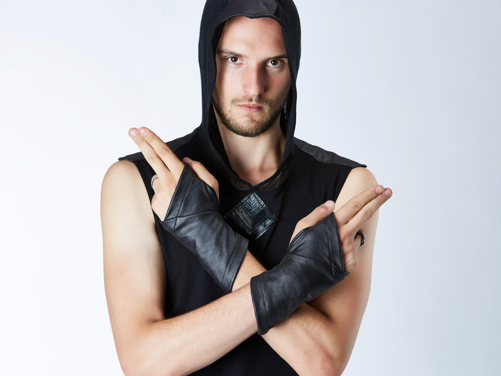 Fingerless gloves black steampunk gloves, men arm warmers - X-WRW1