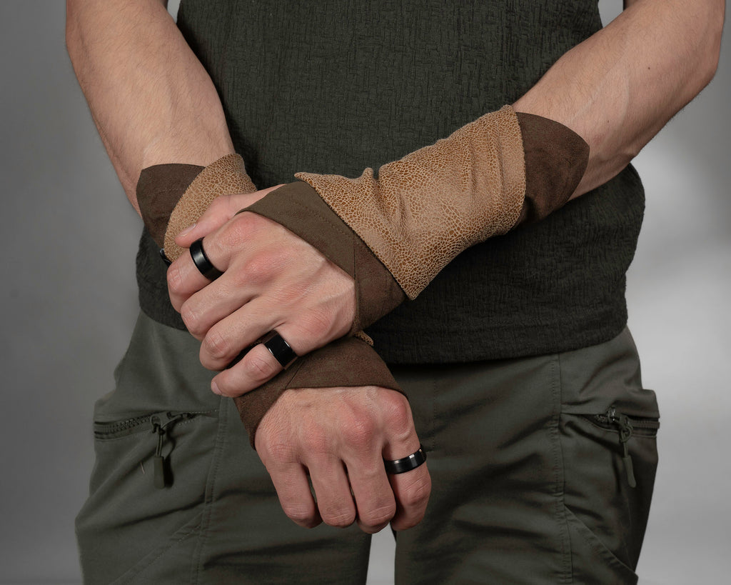 Beige and coffee brown armbands layered on forearms – ZOLNAR