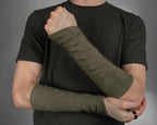 Khaki suede arm bracer on forearm, front view – ZOLNAR
