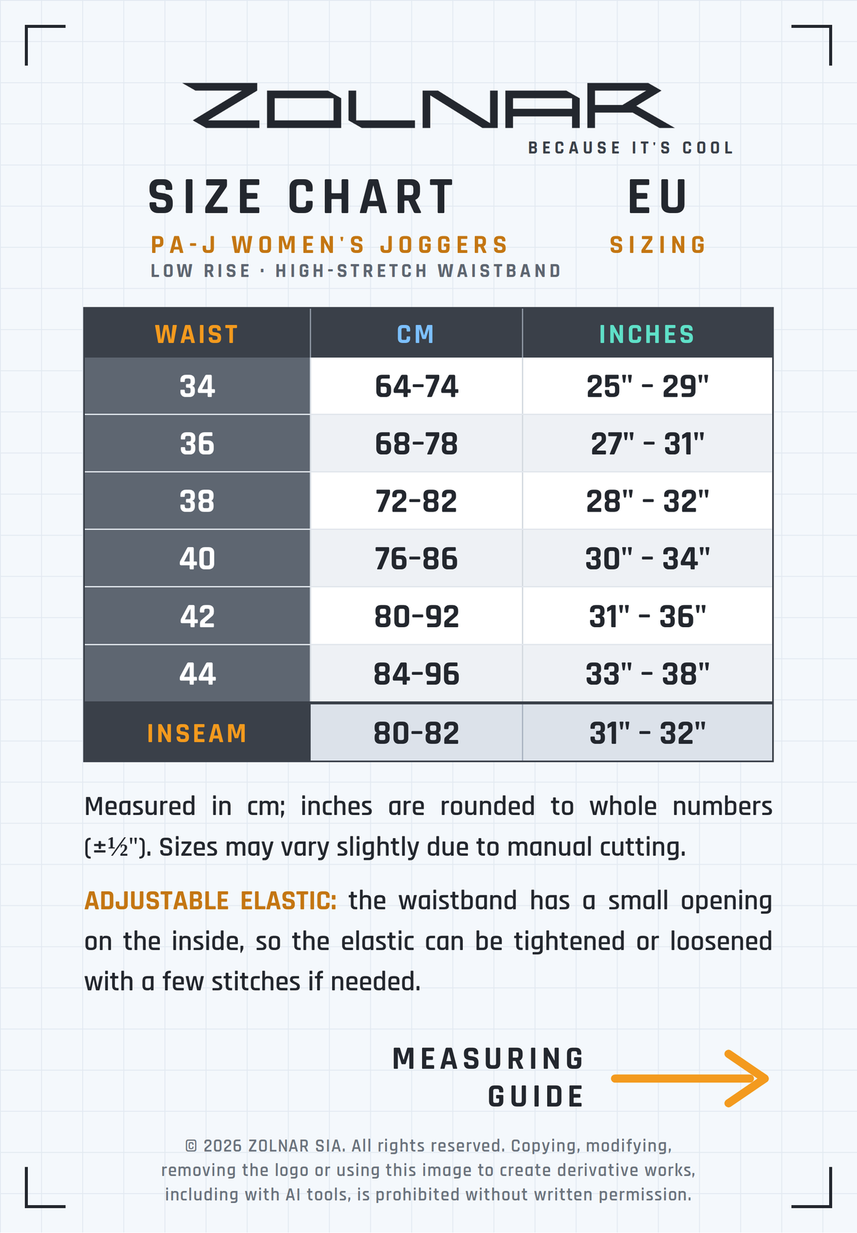 paj-w size chart