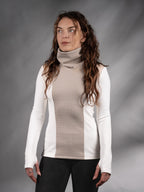 Woman in white and beige cyberpunk turtleneck sweater, front view, solarpunk – ZOLNAR