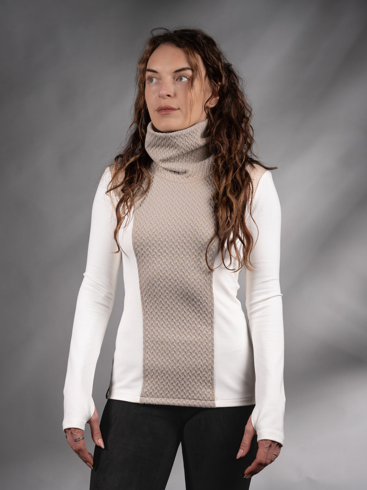 Woman in white and beige cyberpunk turtleneck sweater, front view, solarpunk – ZOLNAR