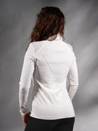 Back three-quarter view of white sweater with diagonal textured panel, minimalist – ZOLNAR