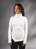 Front view of white asymmetrical sweater with high collar and angled hem, solarpunk – ZOLNAR