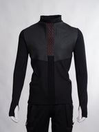 Black jacket with geometric pattern on a gray background