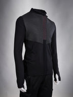 Black long-sleeve athletic outfit with textured back on a gray background