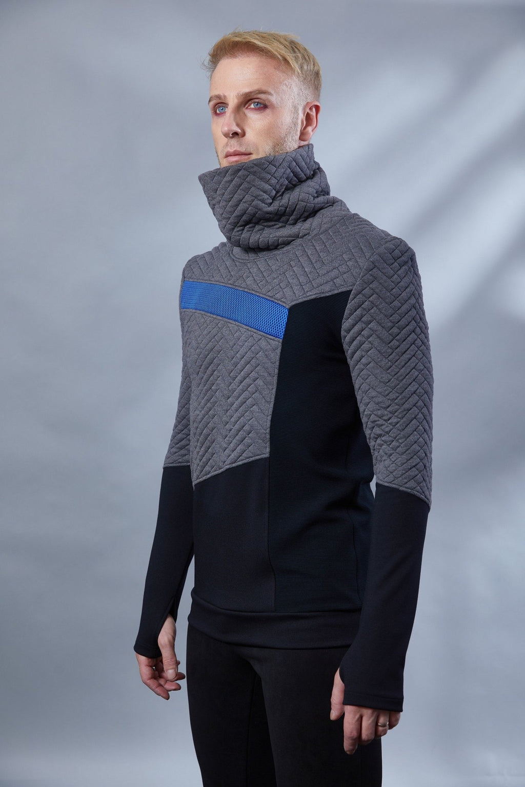LL-8 Men's gray asymmetrical sweater with thumbhole sleeves - zolnar