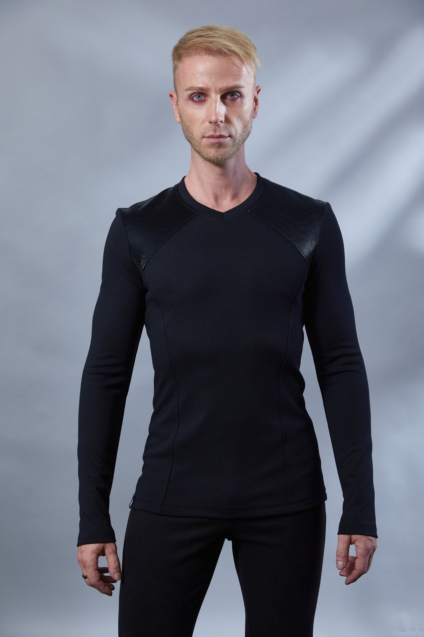 MS Black v-neck shirt with faux leather yoke - zolnar